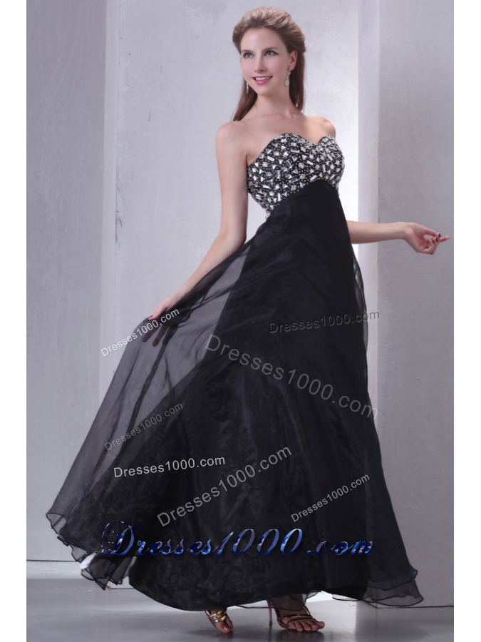 Chic Black Ankle-length Organza Prom Gown Dress with Beaded Breast