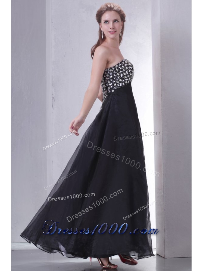 Chic Black Ankle-length Organza Prom Gown Dress with Beaded Breast