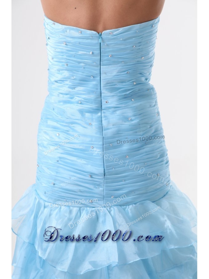 Aqua Blue Mermaid Strapless Prom Dresses with Beading and Layers