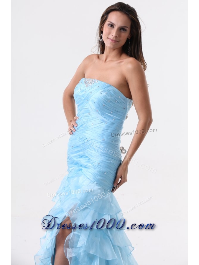 Aqua Blue Mermaid Strapless Prom Dresses with Beading and Layers