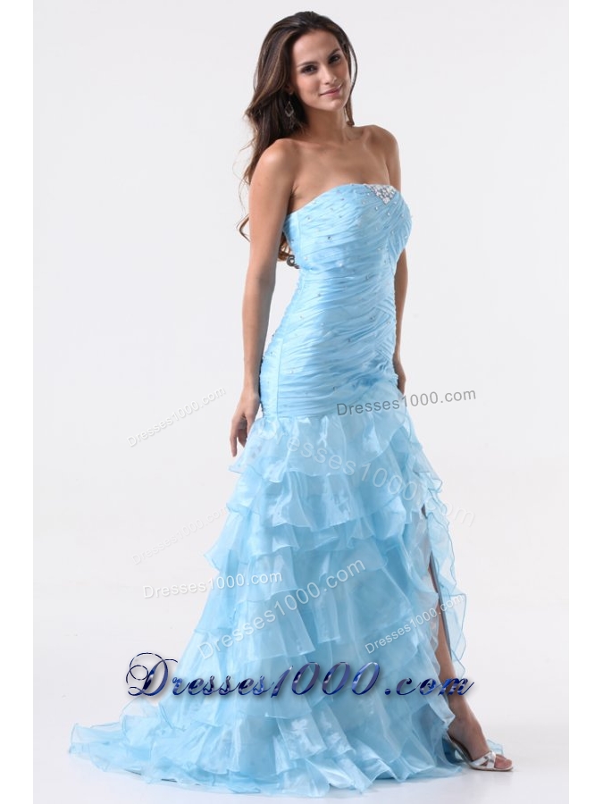Aqua Blue Mermaid Strapless Prom Dresses with Beading and Layers