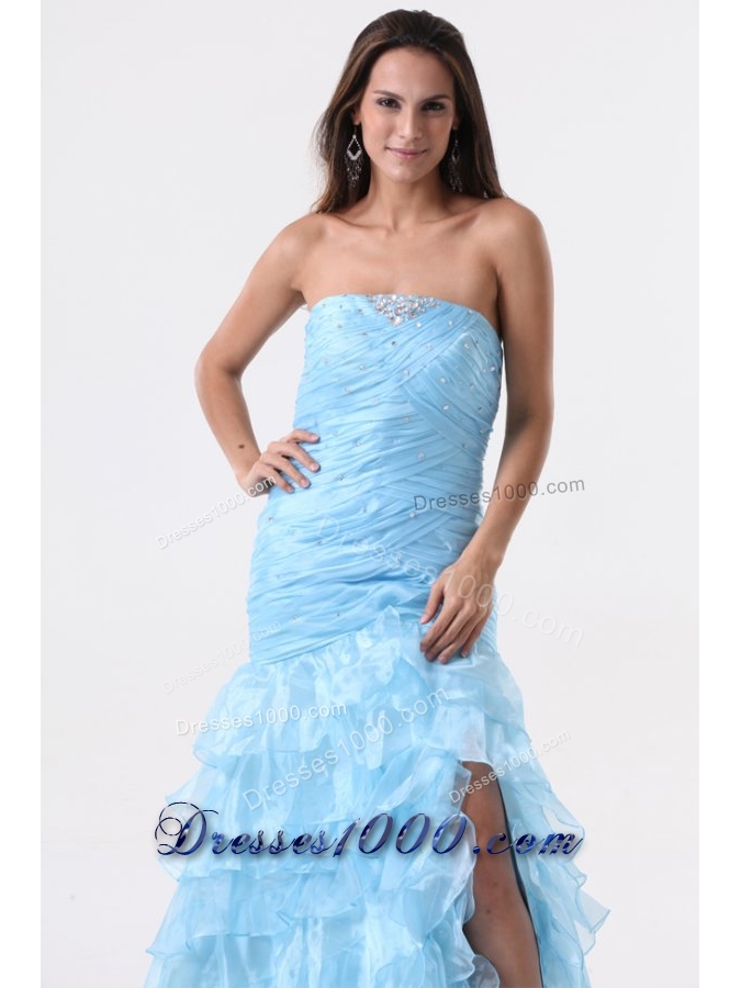 Aqua Blue Mermaid Strapless Prom Dresses with Beading and Layers