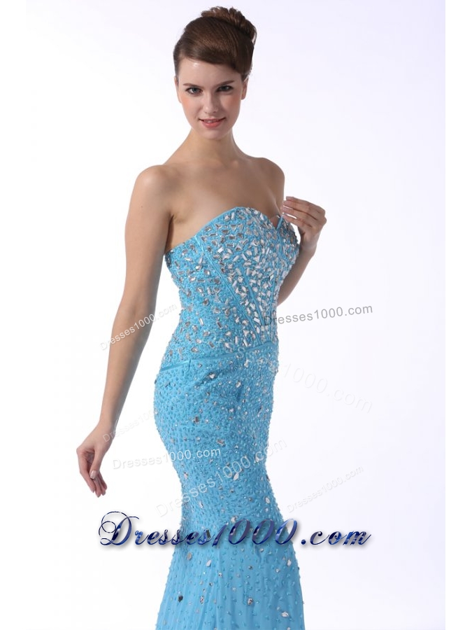 Beaded Aqua Blue Mermaid Sweetheart Brush Train Dresses for Prom