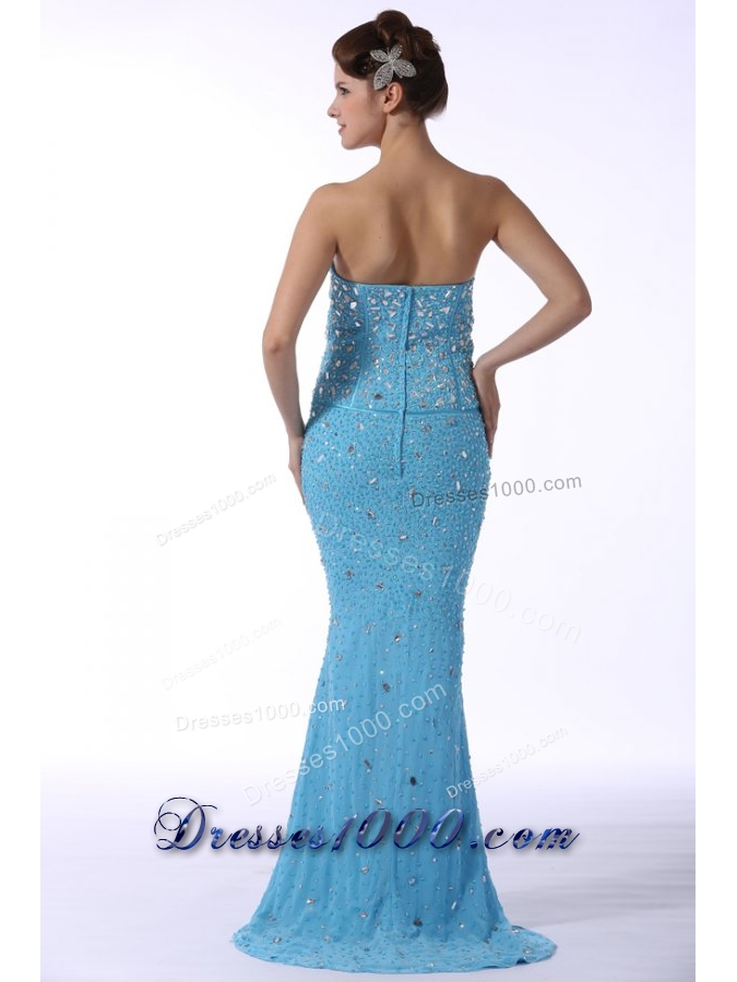 Beaded Aqua Blue Mermaid Sweetheart Brush Train Dresses for Prom