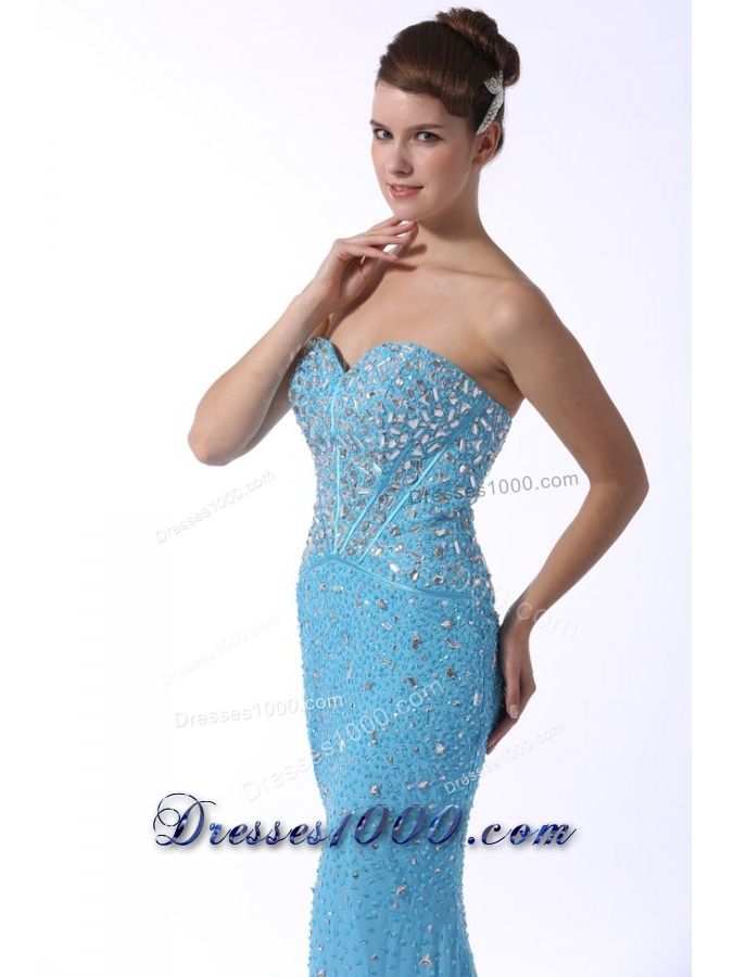 Beaded Aqua Blue Mermaid Sweetheart Brush Train Dresses for Prom
