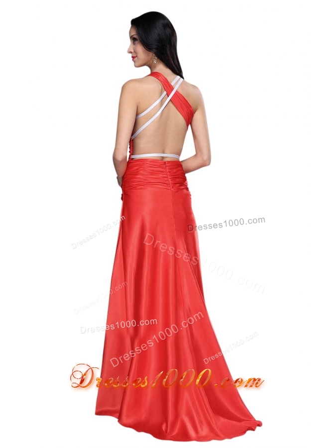 Elegant Asymmetrical Red Ruche Prom Dress with Sweep Train