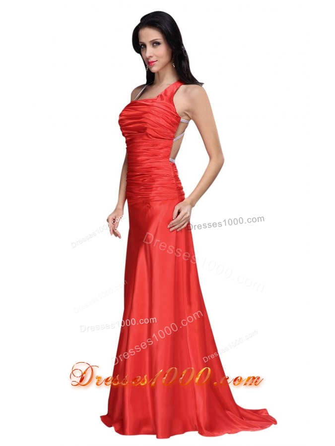Elegant Asymmetrical Red Ruche Prom Dress with Sweep Train