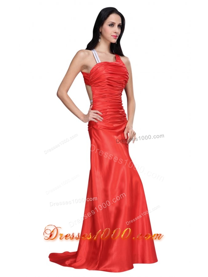 Elegant Asymmetrical Red Ruche Prom Dress with Sweep Train