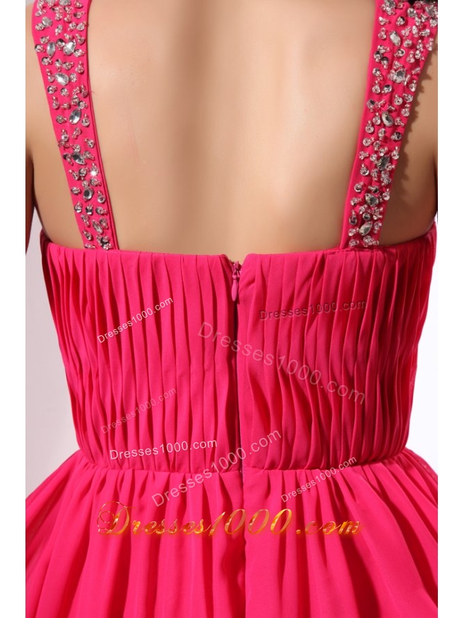 Beading Decorated Shoulder Coral Red Chiffon Empire Prom Gown Dress