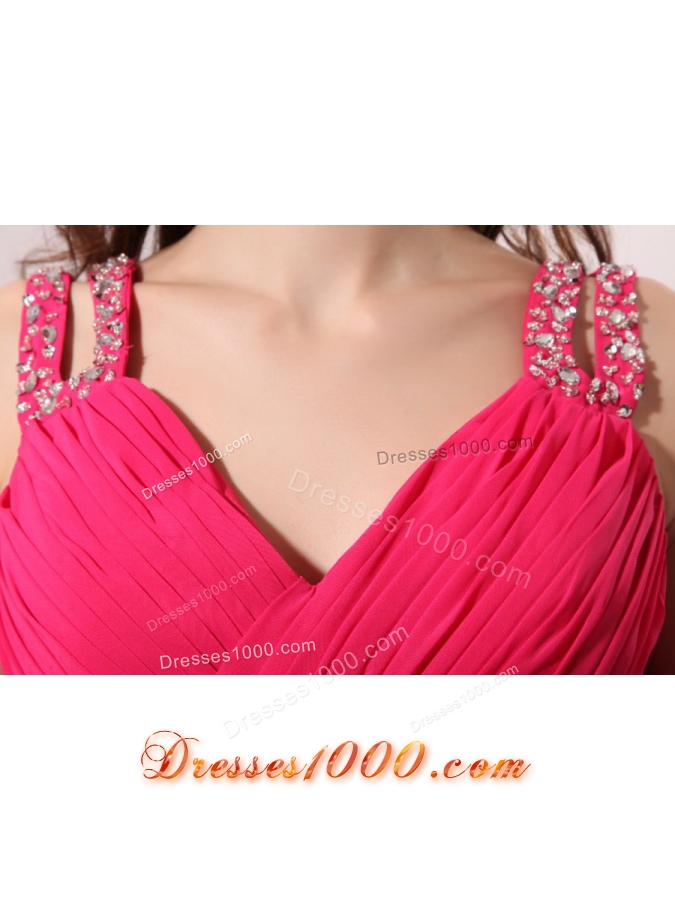 Beading Decorated Shoulder Coral Red Chiffon Empire Prom Gown Dress