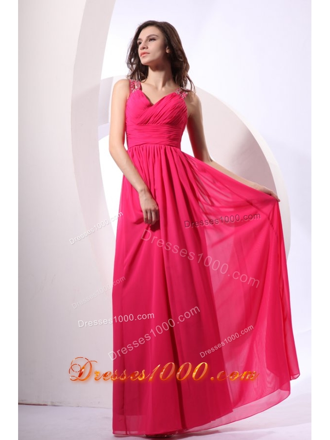 Beading Decorated Shoulder Coral Red Chiffon Empire Prom Gown Dress