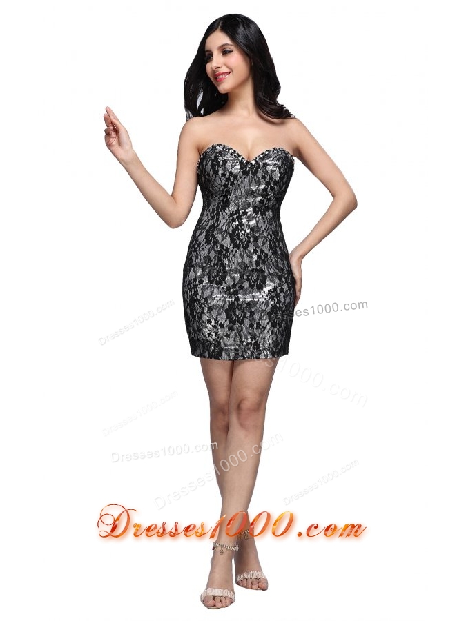 Black Lace Column Sweetheart Beading Mini-length Prom Gown Dress
