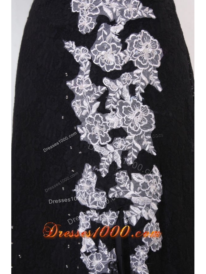 Beautiful Black Off the Shoulder Prom Dress with White Accents and Slit