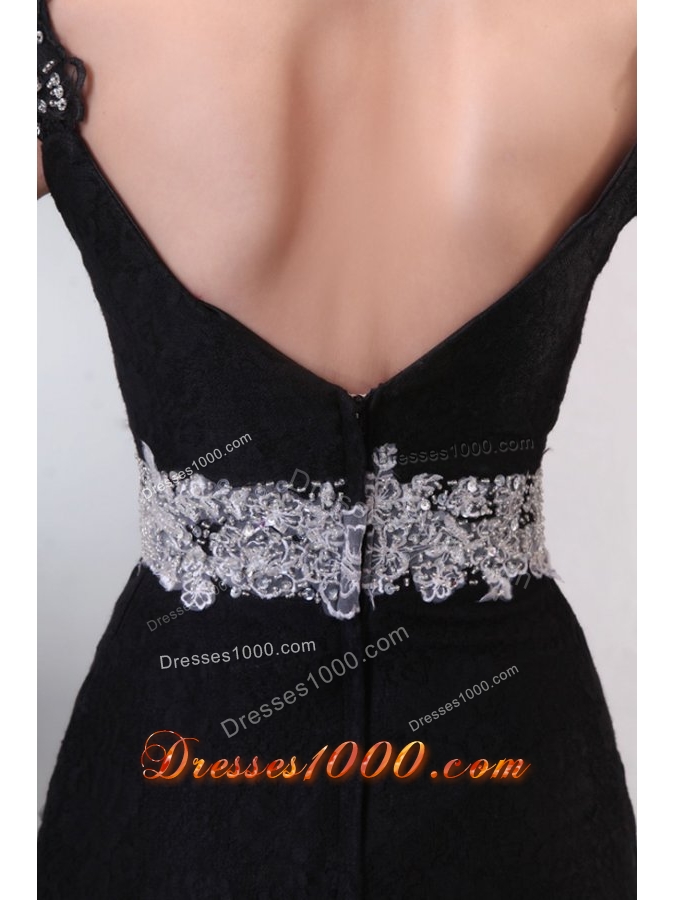 Beautiful Black Off the Shoulder Prom Dress with White Accents and Slit