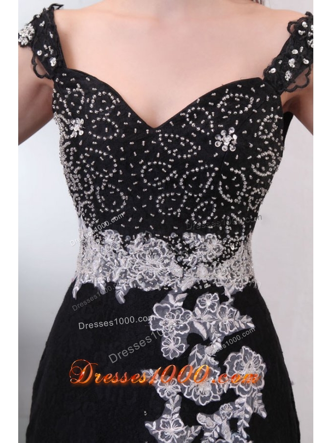 Beautiful Black Off the Shoulder Prom Dress with White Accents and Slit