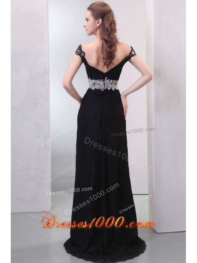 Beautiful Black Off the Shoulder Prom Dress with White Accents and Slit