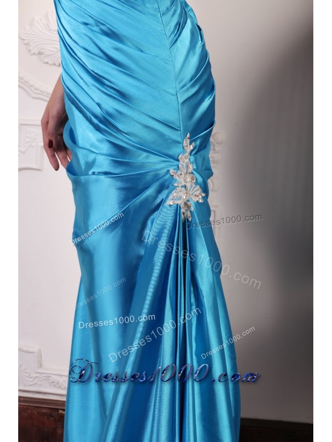 One Shoulder Beading and Ruching Floor-length Prom Gowns in Blue
