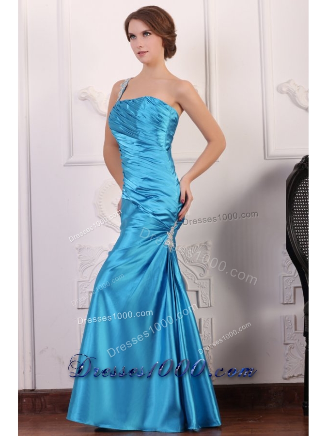One Shoulder Beading and Ruching Floor-length Prom Gowns in Blue