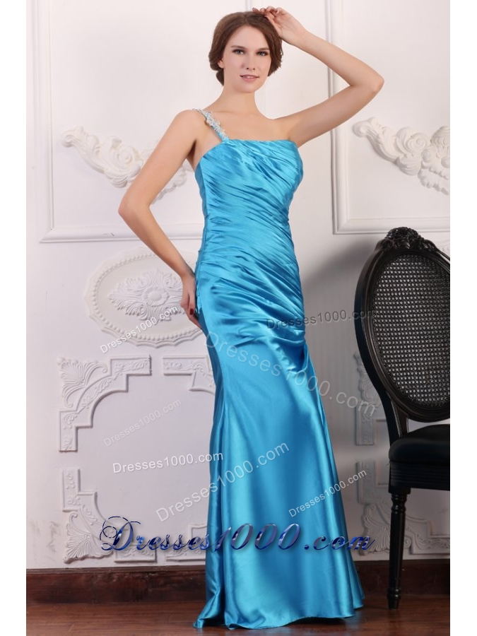 One Shoulder Beading and Ruching Floor-length Prom Gowns in Blue