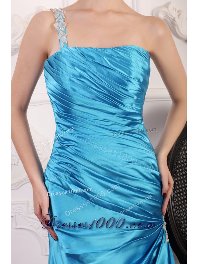 One Shoulder Beading and Ruching Floor-length Prom Gowns in Blue