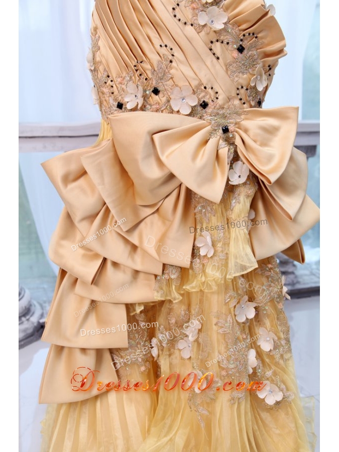 Bowknot Unique Sweetheart Beading and Flowers Gold Prom Dresses