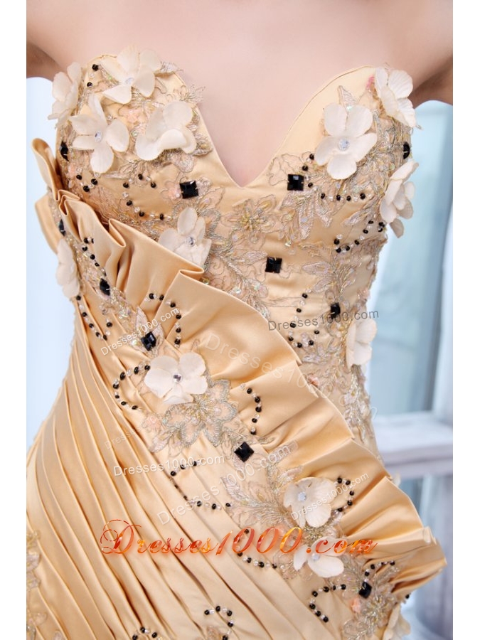 Bowknot Unique Sweetheart Beading and Flowers Gold Prom Dresses