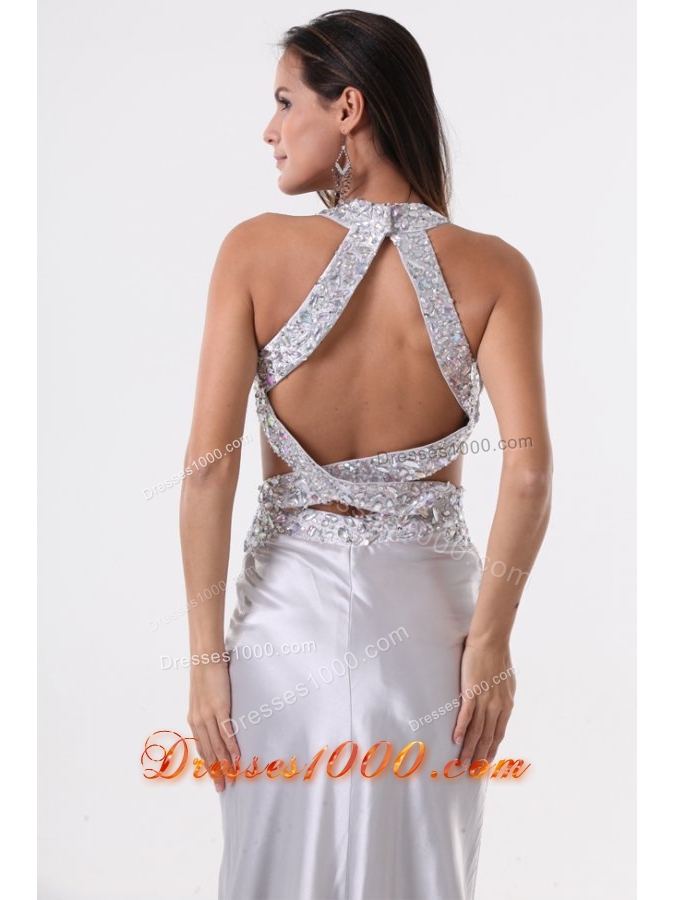 Sexy Silver Column Halter Top Prom Evening Dress with Beading