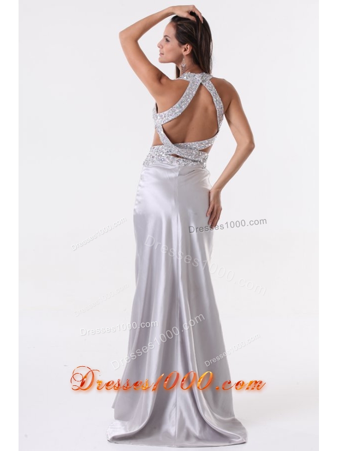 Sexy Silver Column Halter Top Prom Evening Dress with Beading