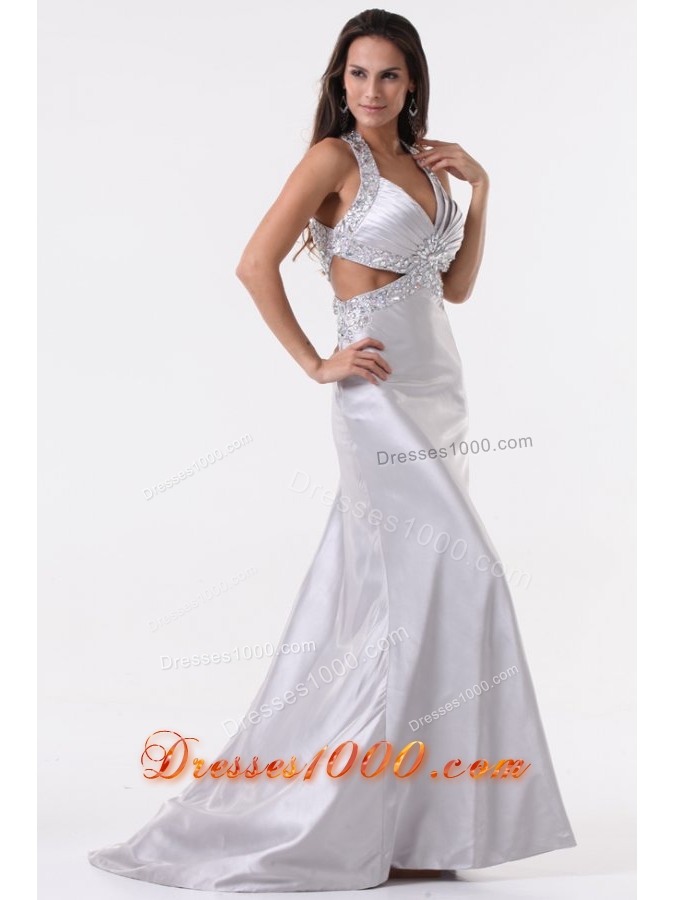 Sexy Silver Column Halter Top Prom Evening Dress with Beading