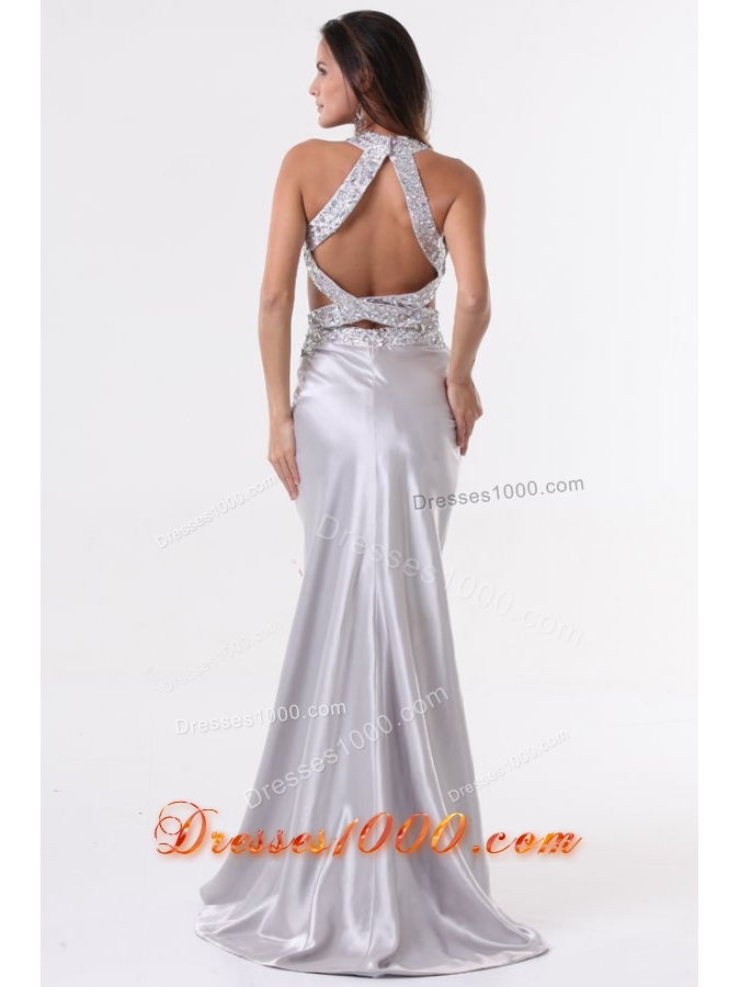 Sexy Silver Column Halter Top Prom Evening Dress with Beading