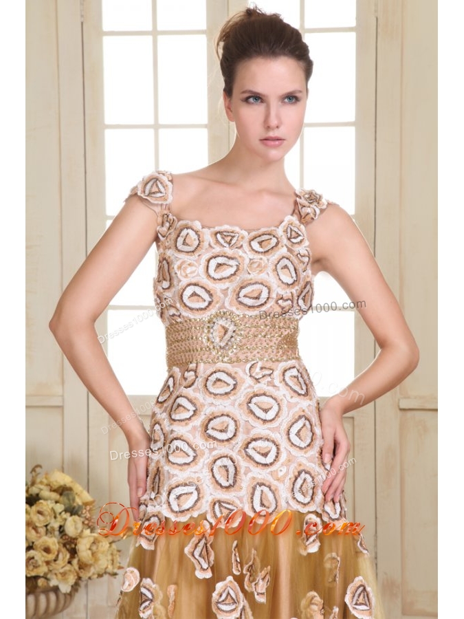 Pretty Prom Dress with Cap Sleeves by Printed Fabric and Gold Tulle