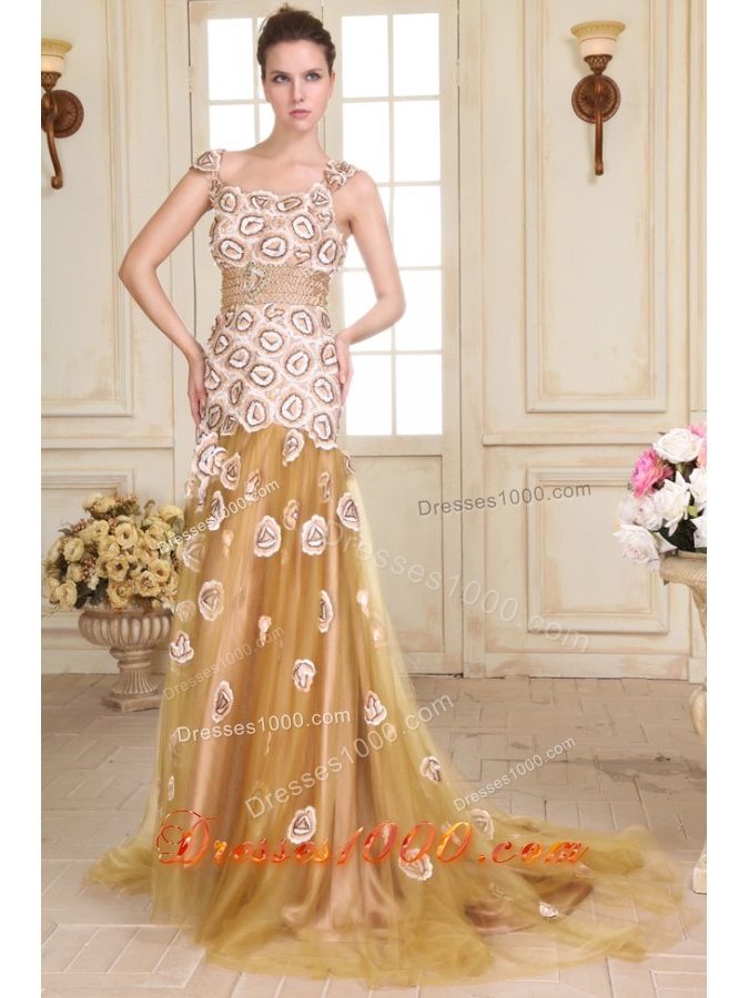 Pretty Prom Dress with Cap Sleeves by Printed Fabric and Gold Tulle
