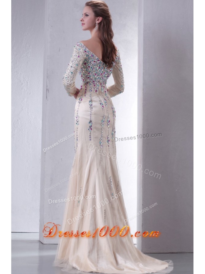 Beautiful Prom Dress with Multi-color Beading Decoration and Long Sleeves