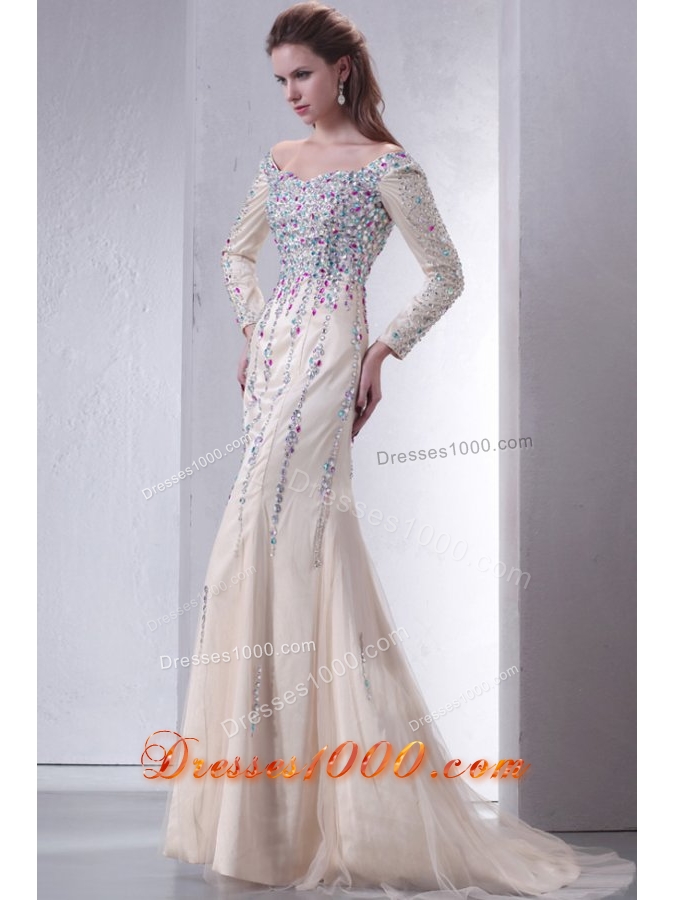Beautiful Prom Dress with Multi-color Beading Decoration and Long Sleeves