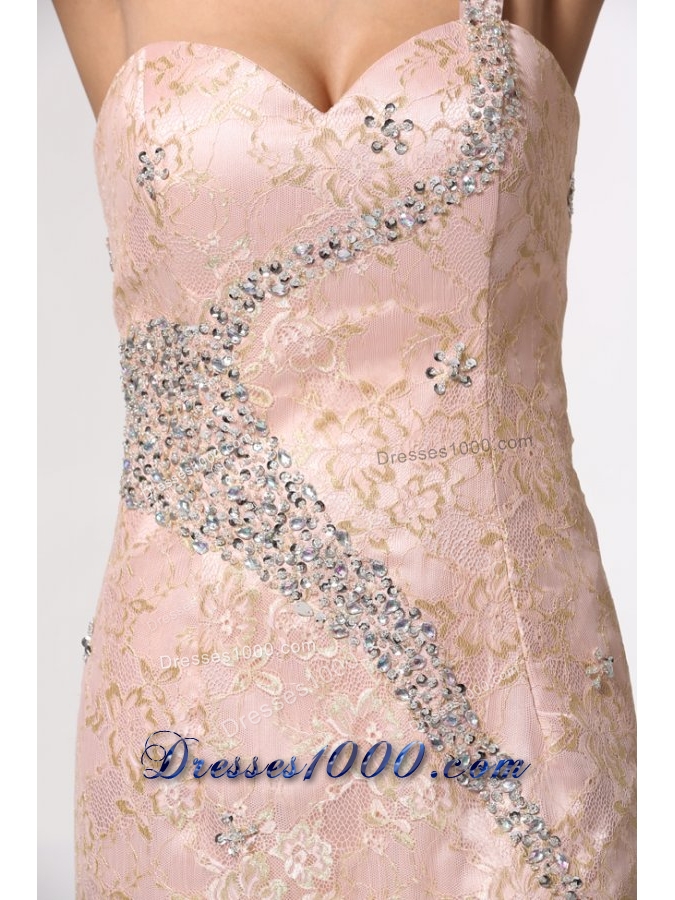 Champagne One Shoulder High Slit Prom Dress with Lace and Beading