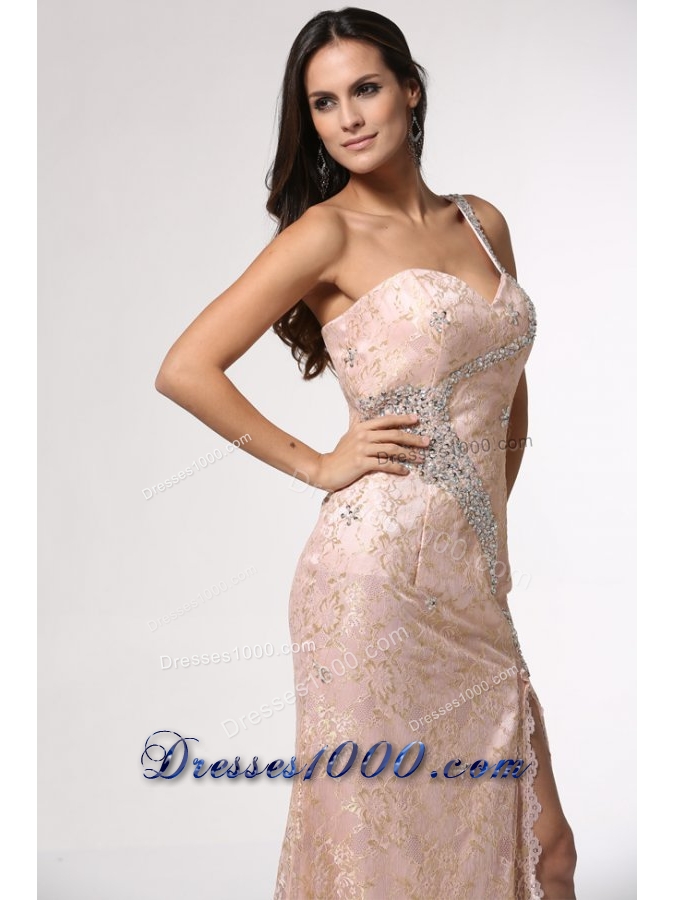 Champagne One Shoulder High Slit Prom Dress with Lace and Beading