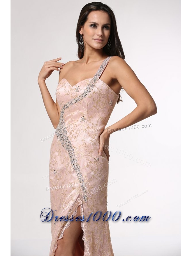 Champagne One Shoulder High Slit Prom Dress with Lace and Beading
