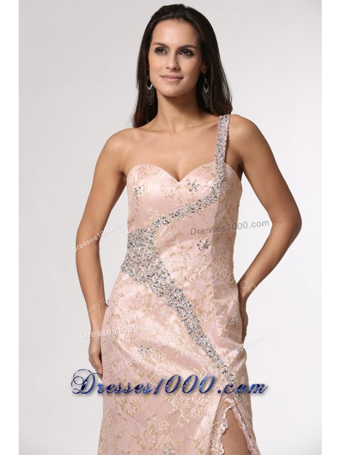 Champagne One Shoulder High Slit Prom Dress with Lace and Beading