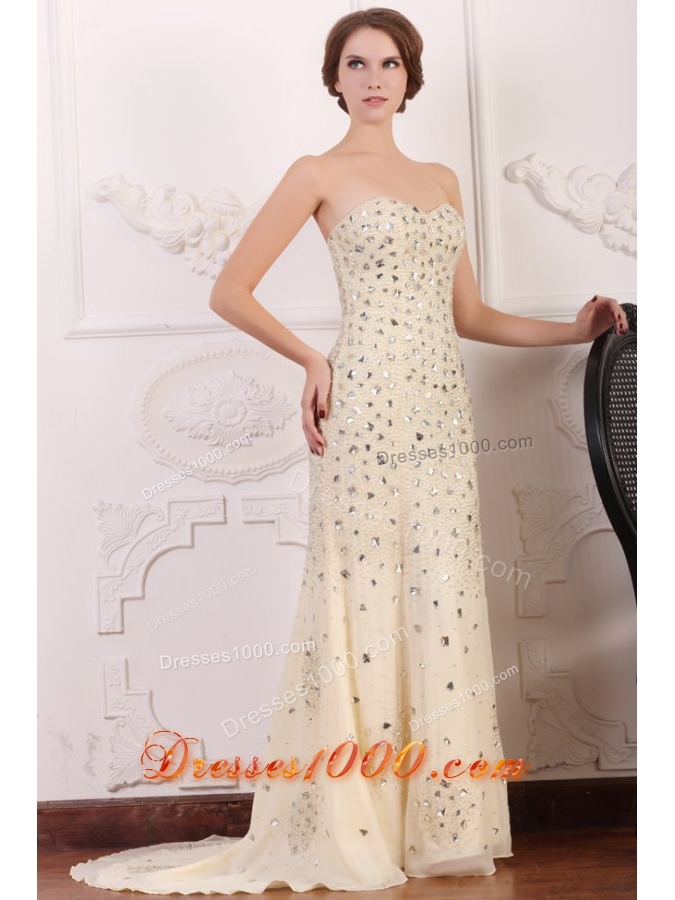 Diamonds Over Skirt Slit Champagne Prom Pageant Dresses with Train