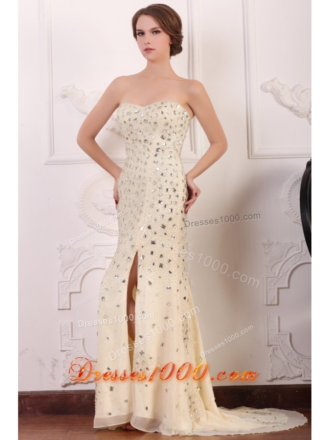 Diamonds Over Skirt Slit Champagne Prom Pageant Dresses with Train