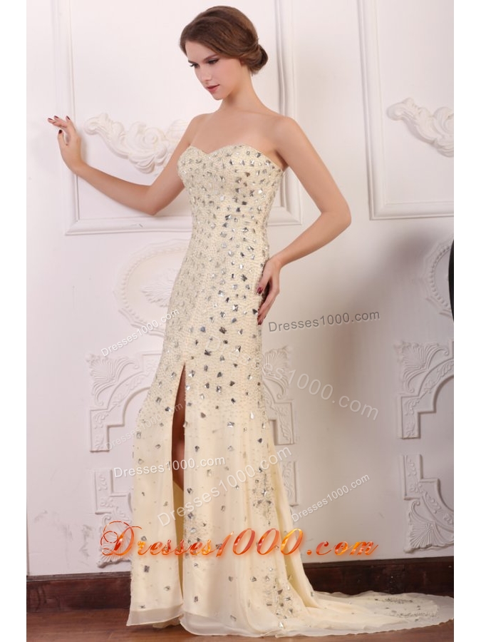 Diamonds Over Skirt Slit Champagne Prom Pageant Dresses with Train