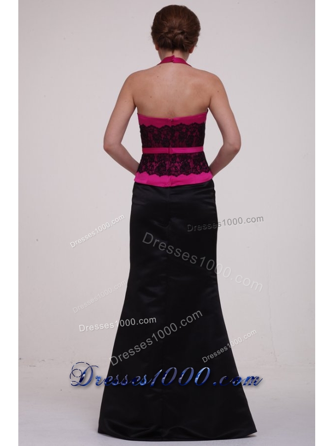 Graceful Hot Pink and Black Satin Halter Top Prom Dress