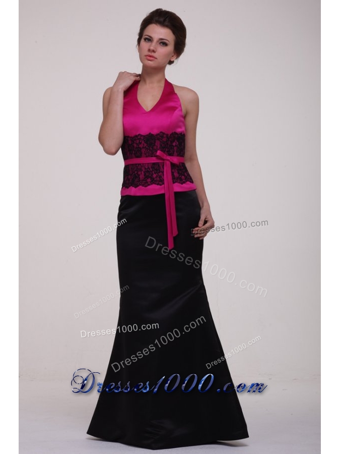 Graceful Hot Pink and Black Satin Halter Top Prom Dress