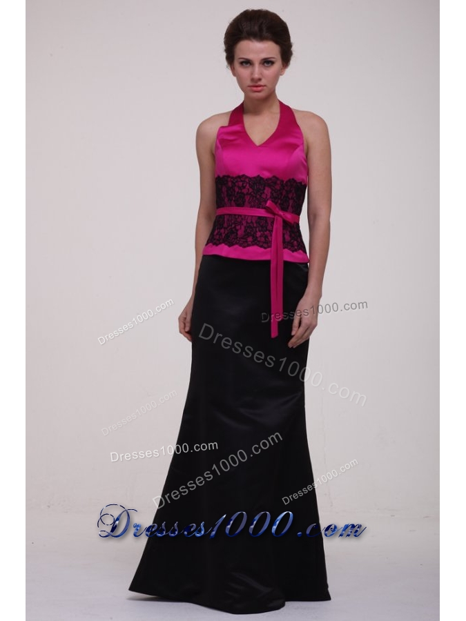 Graceful Hot Pink and Black Satin Halter Top Prom Dress