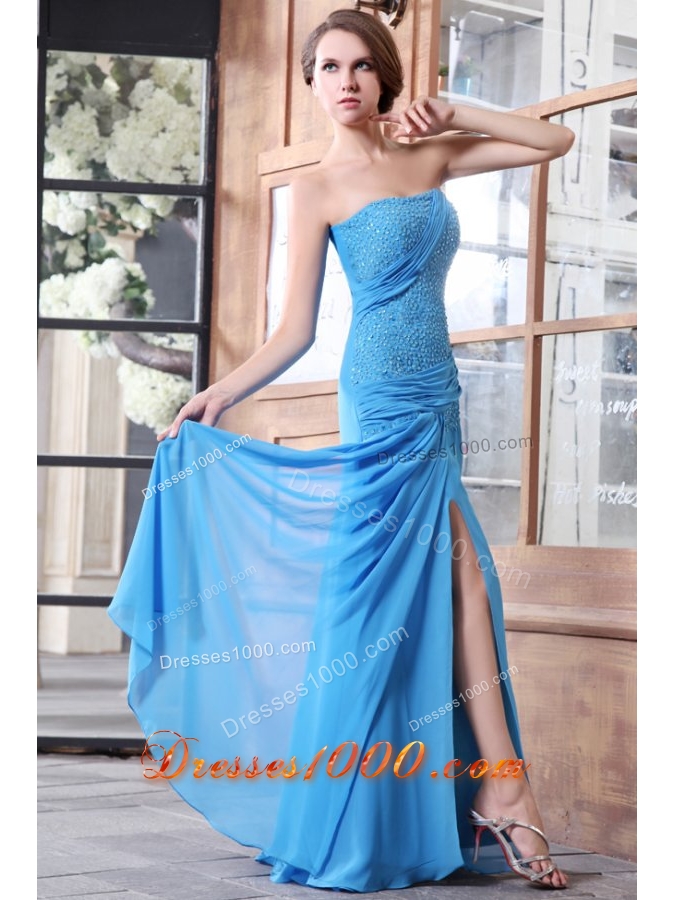 Lovely Aqua Blue Prom Dress with Beaded Bodice and High Slit on Skirt