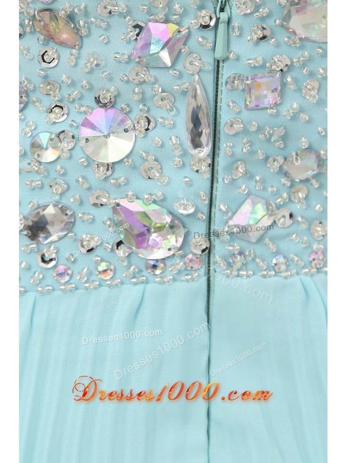 Jewelry Halter Top Pleating Chiffon Prom Dresses in Aqua Blue