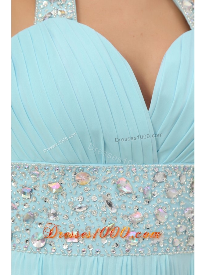 Jewelry Halter Top Pleating Chiffon Prom Dresses in Aqua Blue