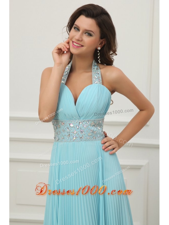 Jewelry Halter Top Pleating Chiffon Prom Dresses in Aqua Blue
