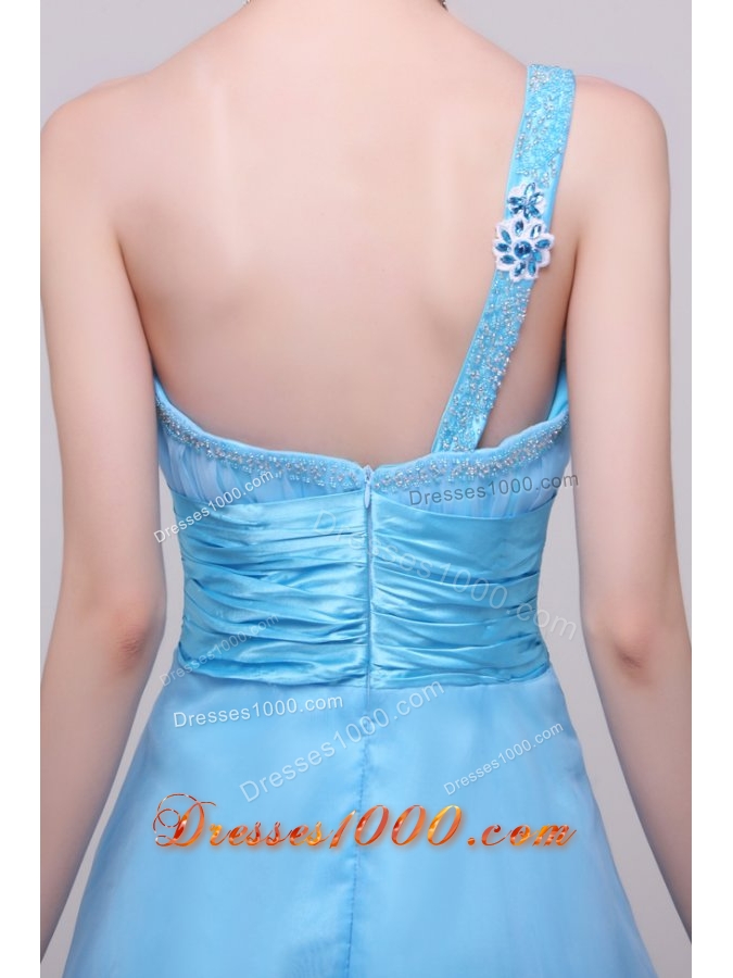 Single Shoulder High Low Ruching Organza Prom Gown in Aqua Blue