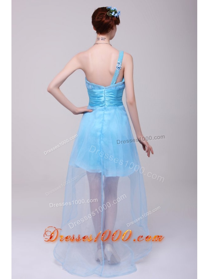 Single Shoulder High Low Ruching Organza Prom Gown in Aqua Blue